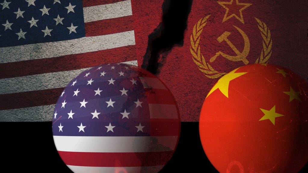 Superposition of cold ware flags (USA and USSR) behind current US / China Rivalry represented in flags