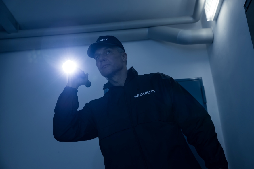 Security guard, office building patrol at night.  